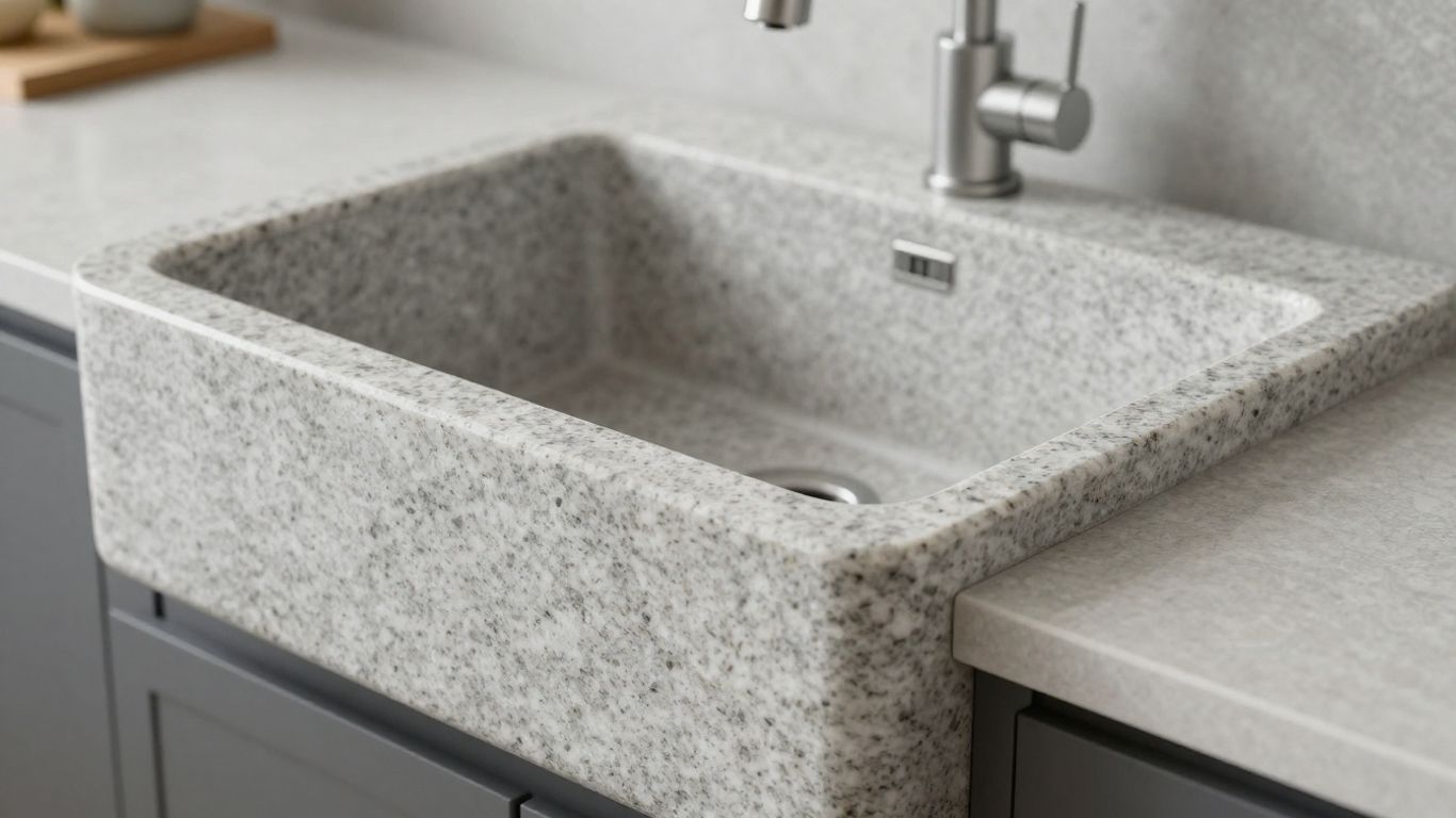 Granite kitchen sink with natural flecks and smooth texture.
