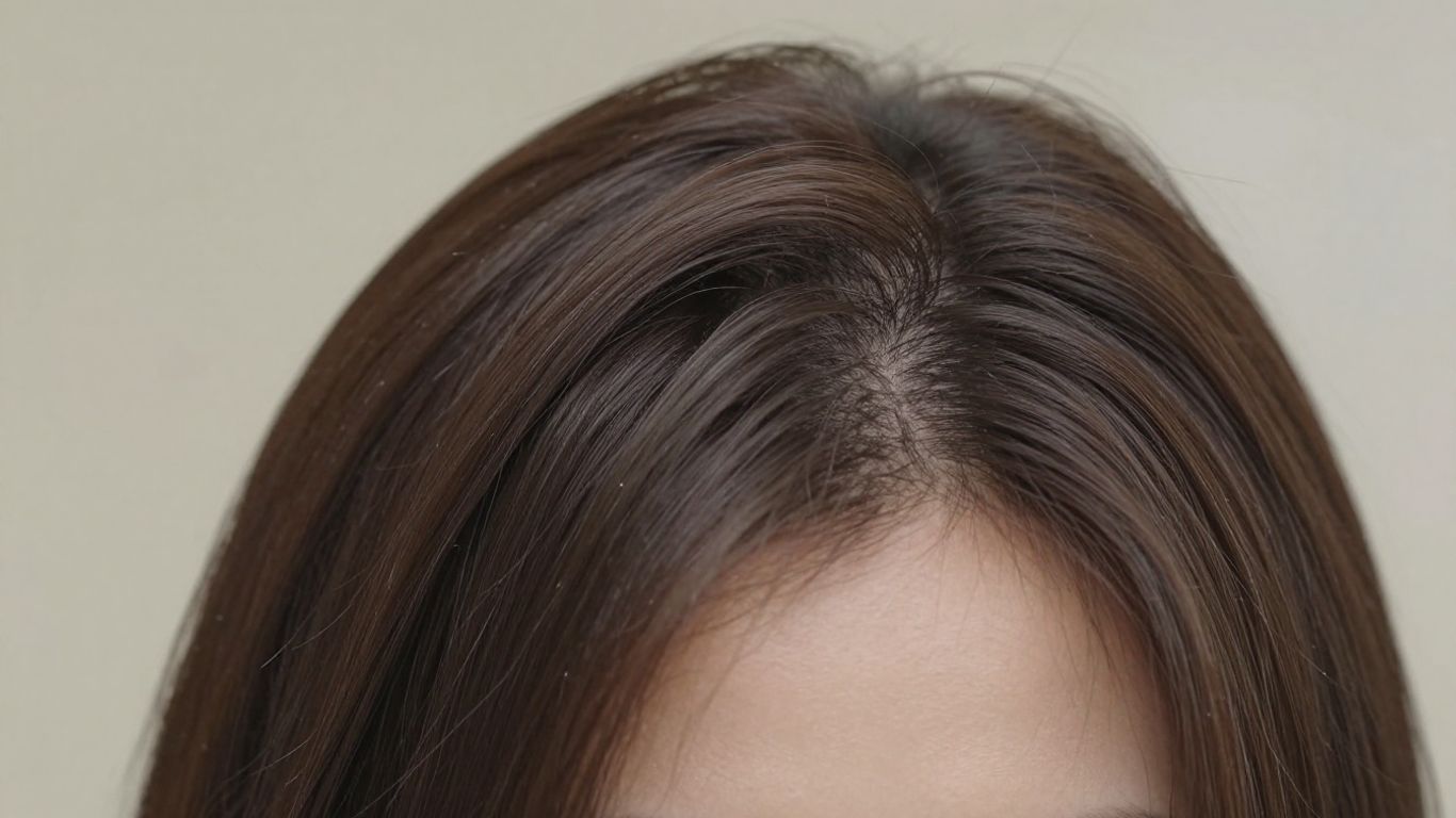Smooth synthetic hair topper on a woman's head.