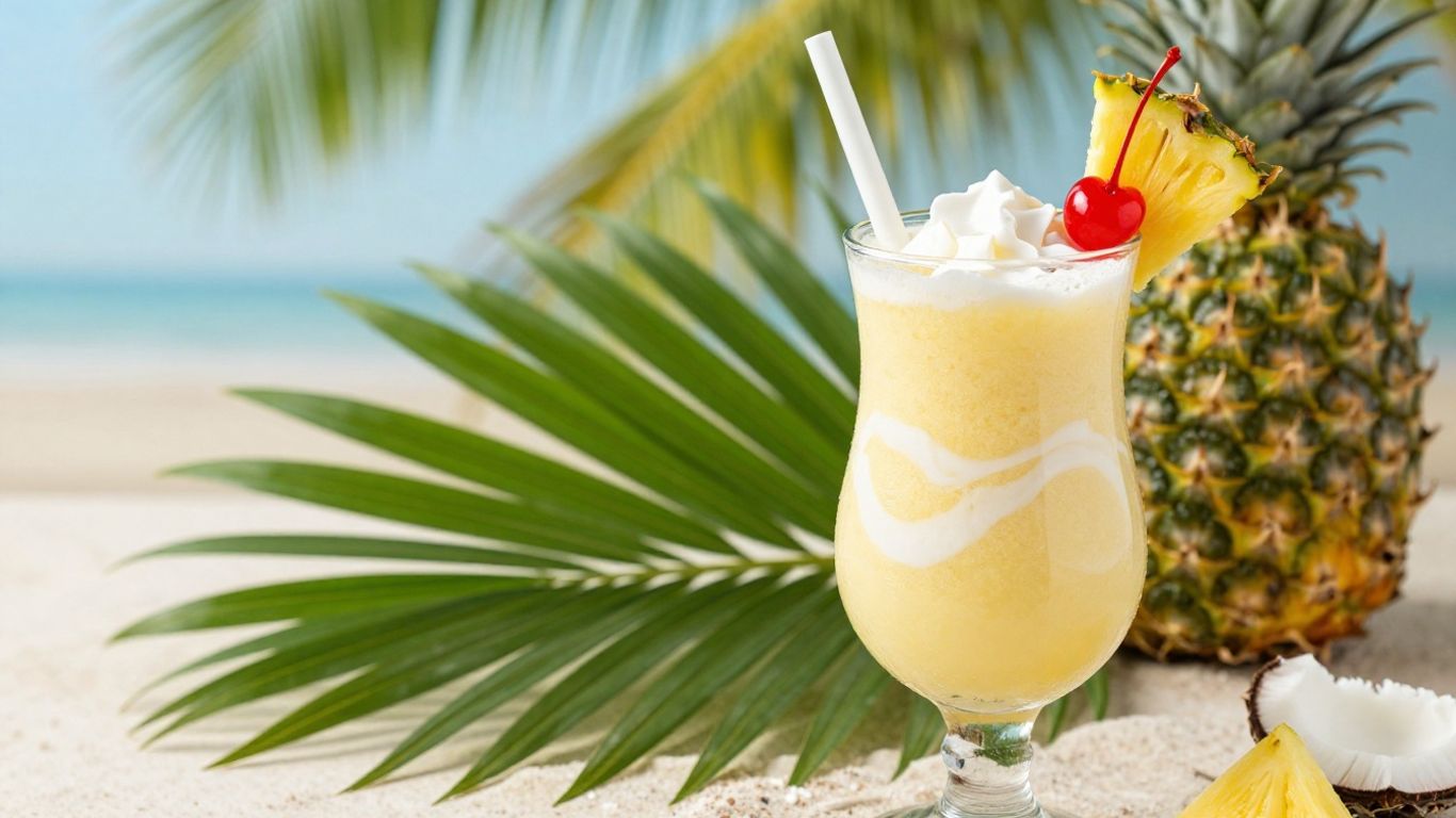 Creamy pina colada smoothie with cherry and pineapple garnish.