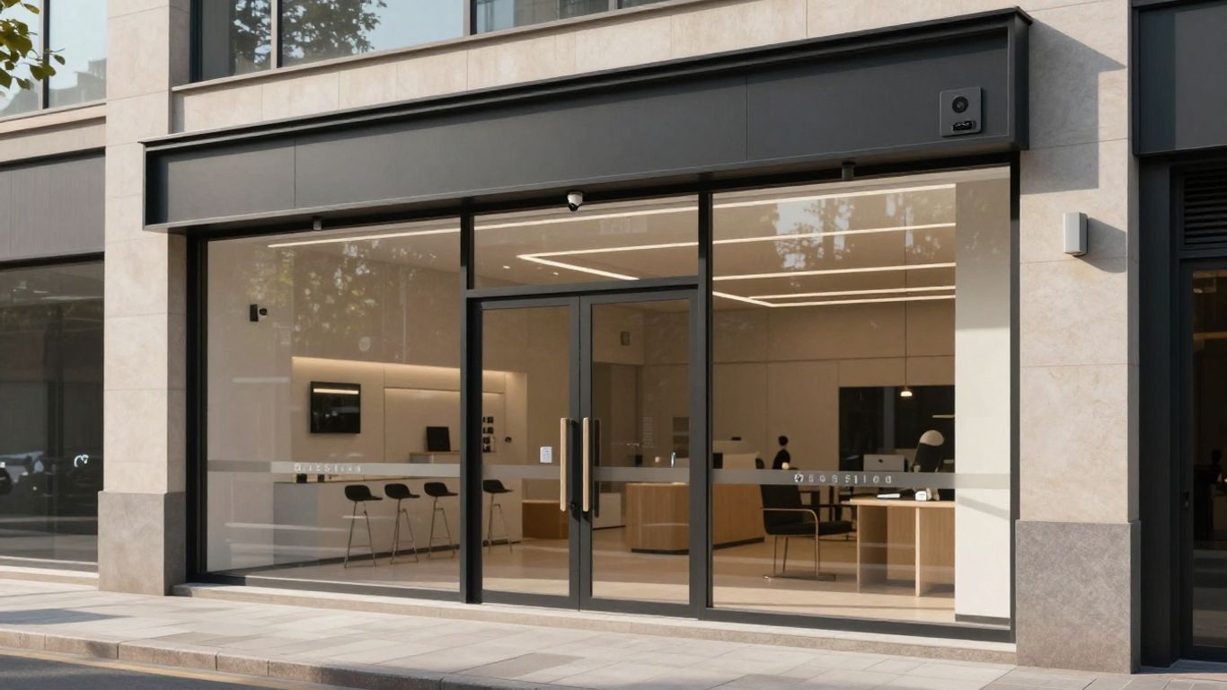 Modern shopfront with integrated security systems and reinforced glass.