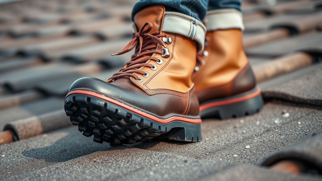 Roofer's specialized boots with grippy soles for safety.