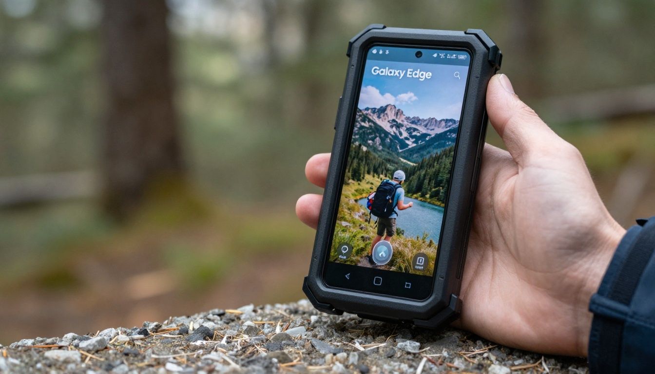 A hiker in the Blue Mountains checking their route on a Galaxy S25 Edge, which is secured in a rugged black waterproof case.