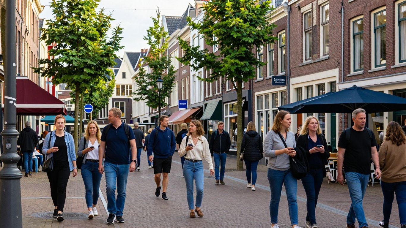 Levendige straat in Zoetermeer met mensen en gebouwen.