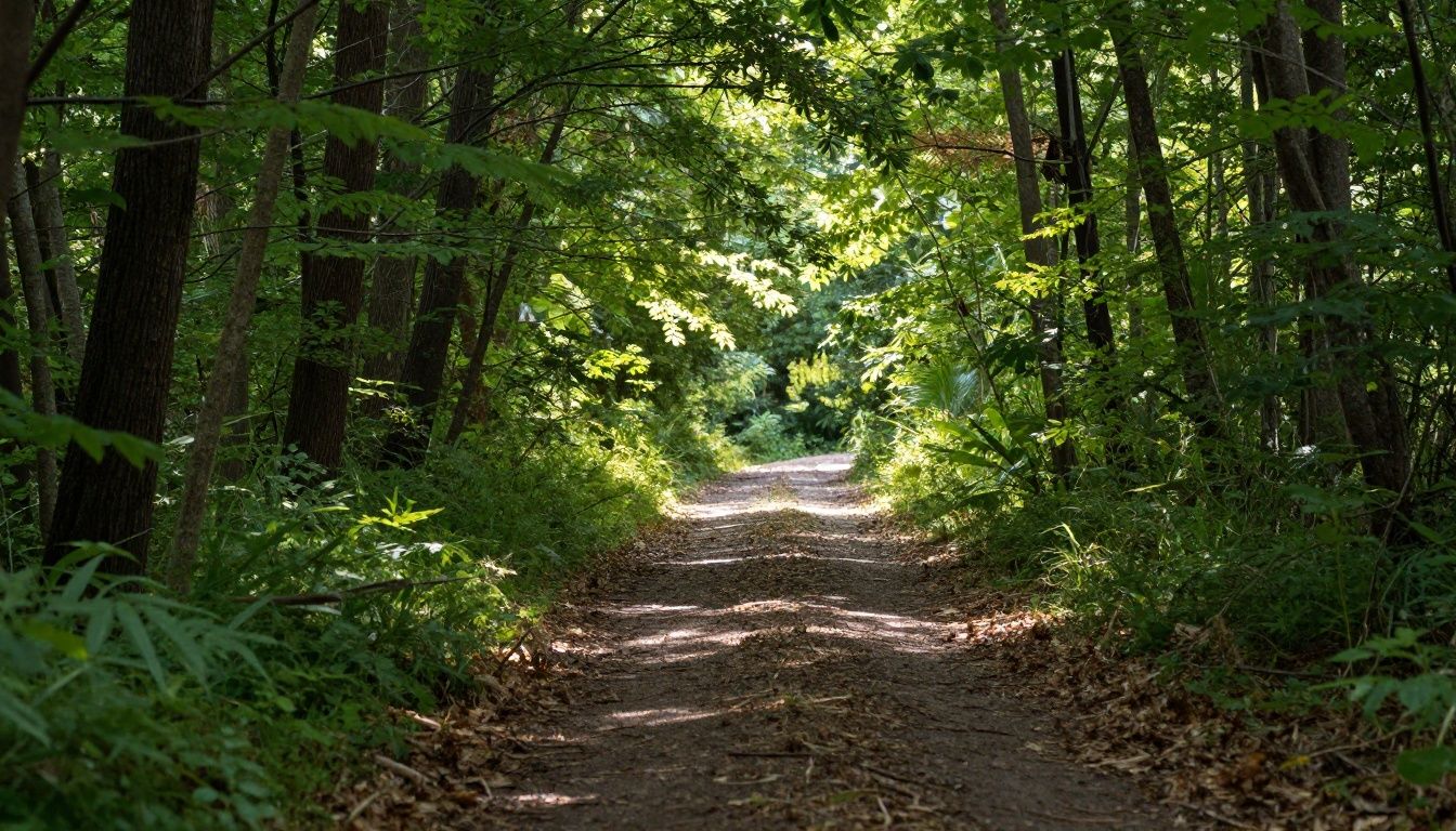 A path leading through a peaceful, sunlit forest, evoking a sense of hope and journeying toward light.