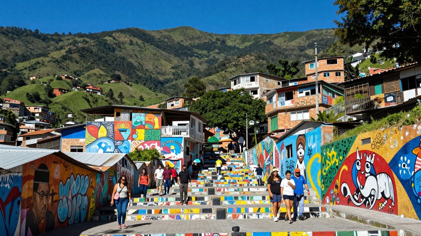 Colorful graffiti art on a hillside staircase in Comuna 13.
