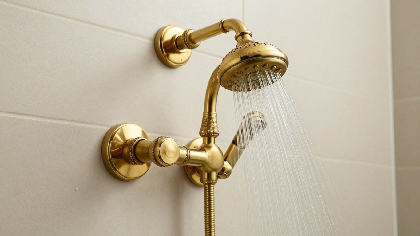 Brass thermostatic shower head with water stream.