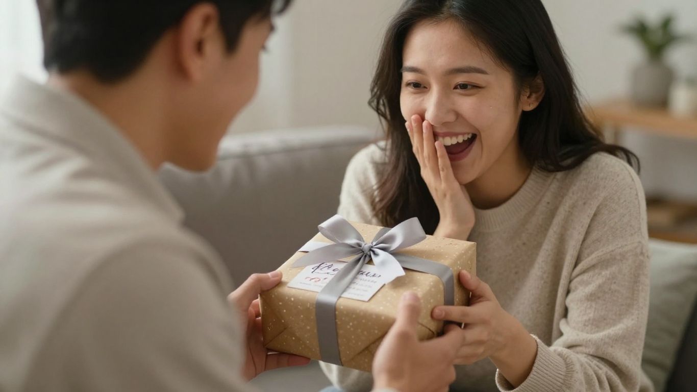 Parent receiving a unique, personalized gift with a smile.