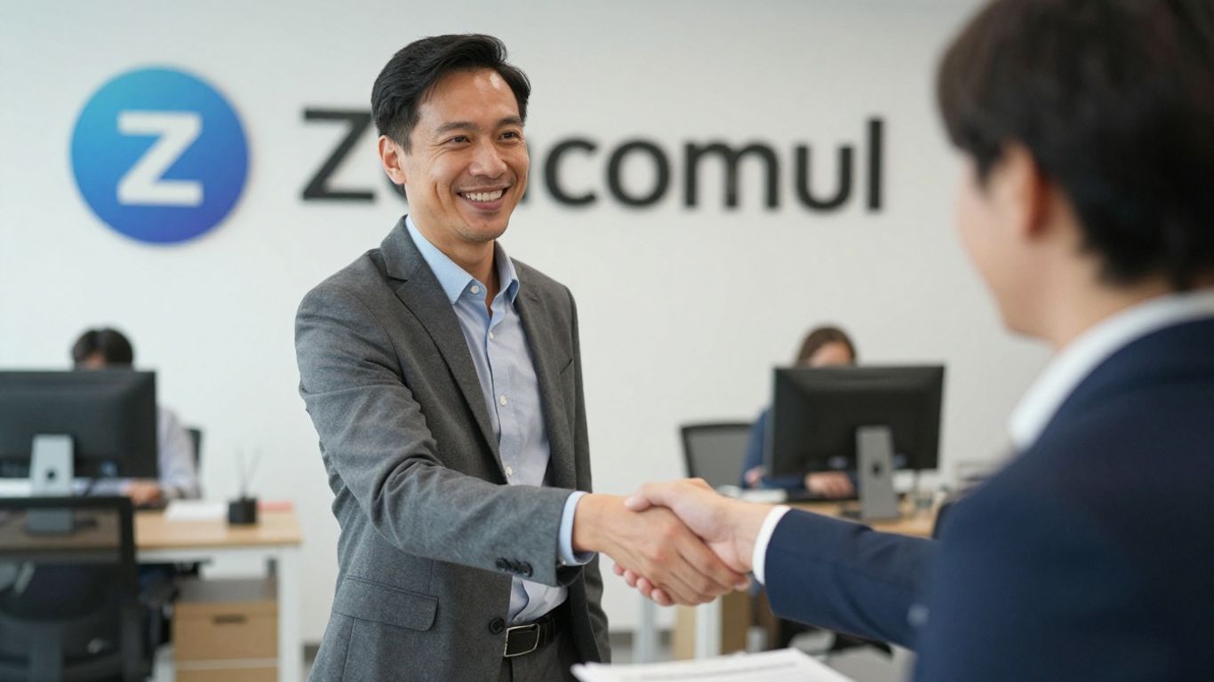 Zoho partner offering a handshake, symbolizing trust and support.