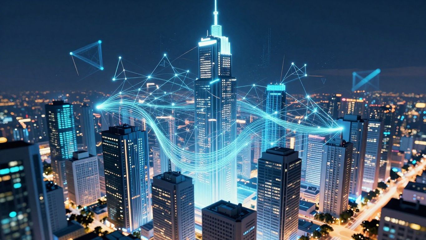 Futuristic cityscape with glowing digital connections and abstract shapes.