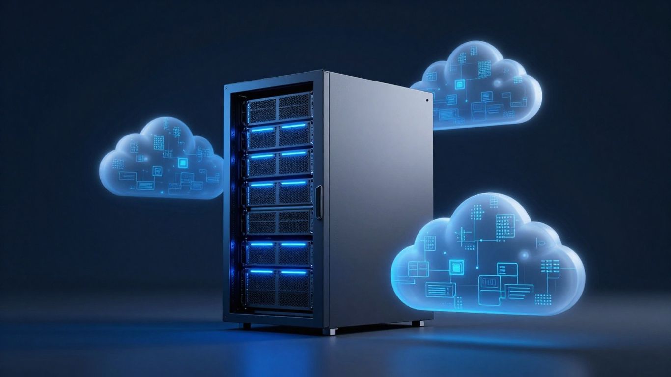 Dell cloud storage server rack with digital cloud elements.