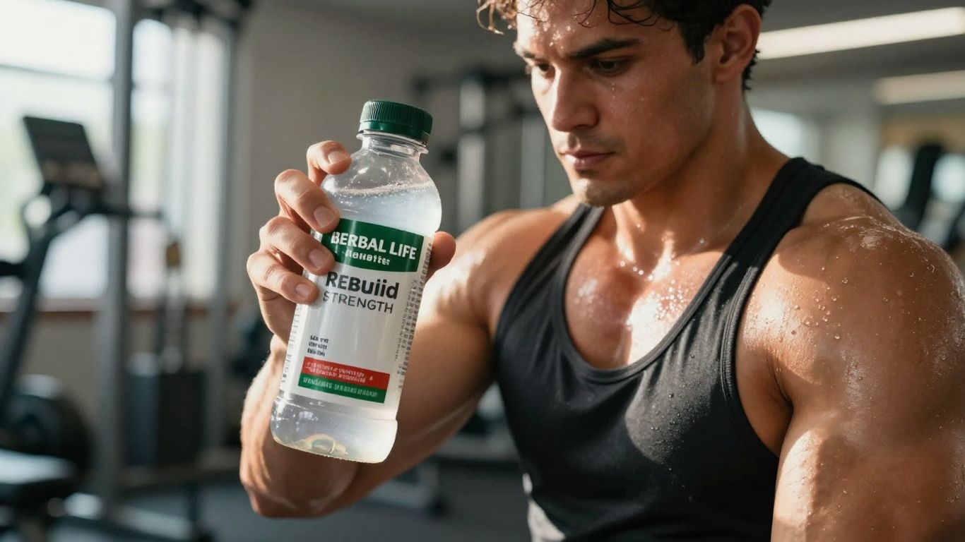 Athlete recovering with Herbal Life Rebuild Strength after workout.
