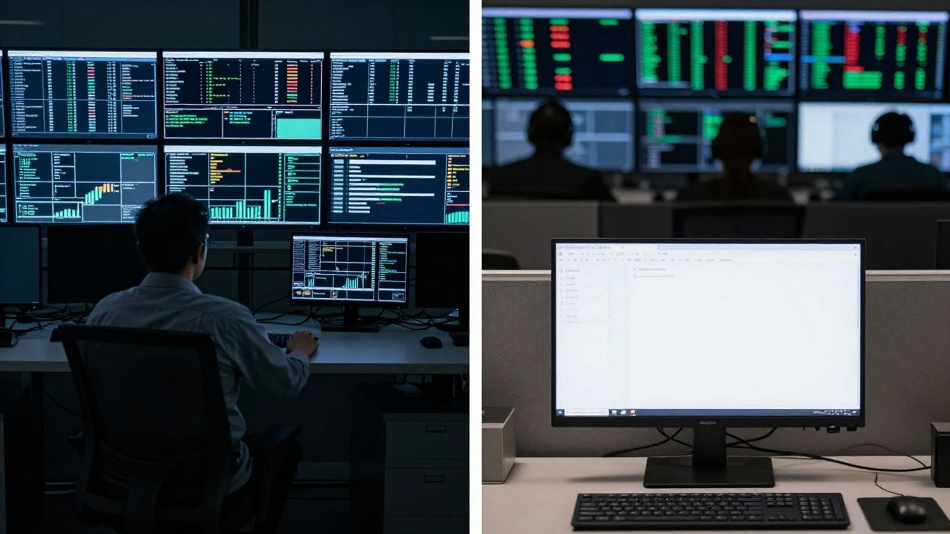 Security operations centre contrasted with an empty office.