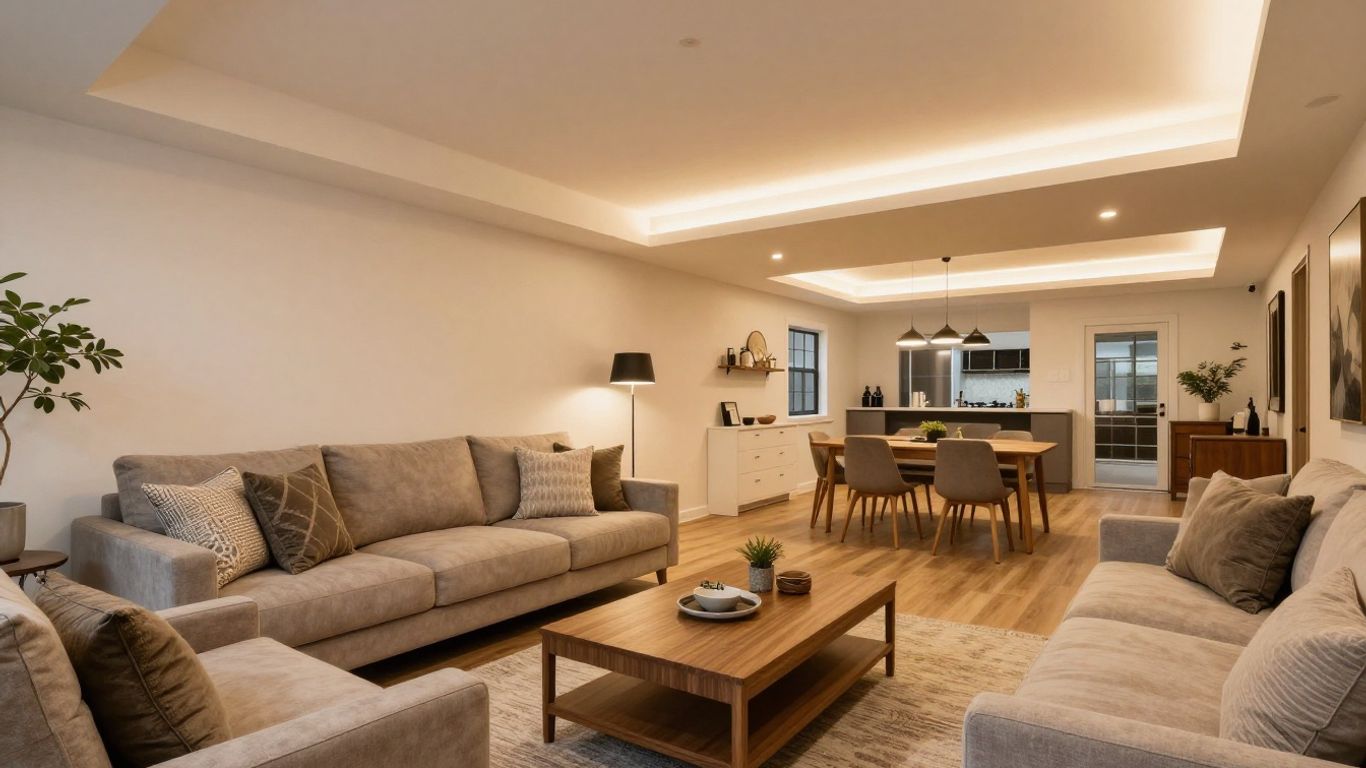 Remodeled basement living space with modern furniture and warm lighting.