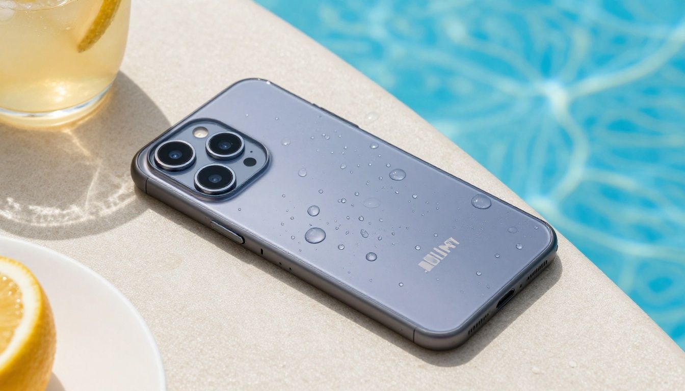 Someone relaxing by a pool, their Galaxy S26 Ultra in a sleek waterproof case resting on a table next to a drink, with water droplets on the case.