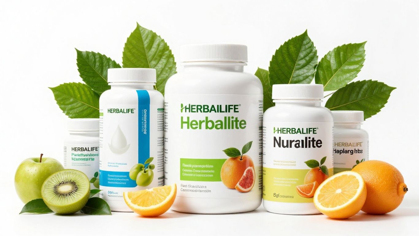 Herbalife products with fruits and leaves.