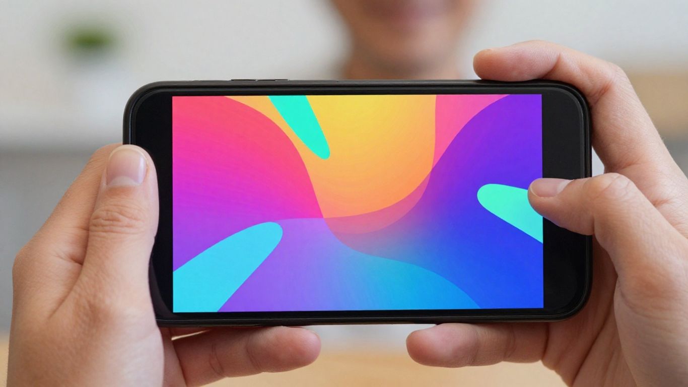 Hand holding smartphone with abstract digital interface.