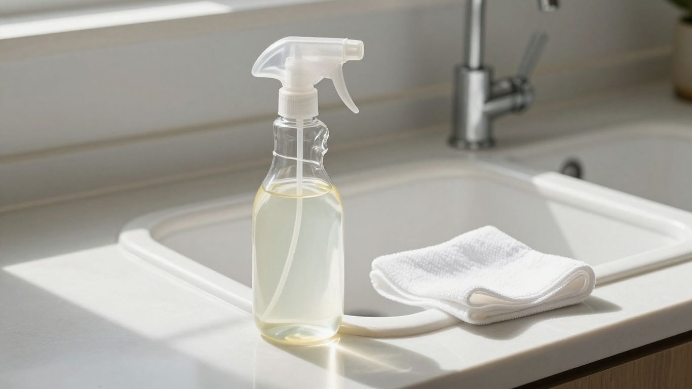 Spray bottle and cloth for cleaning kitchen counter.