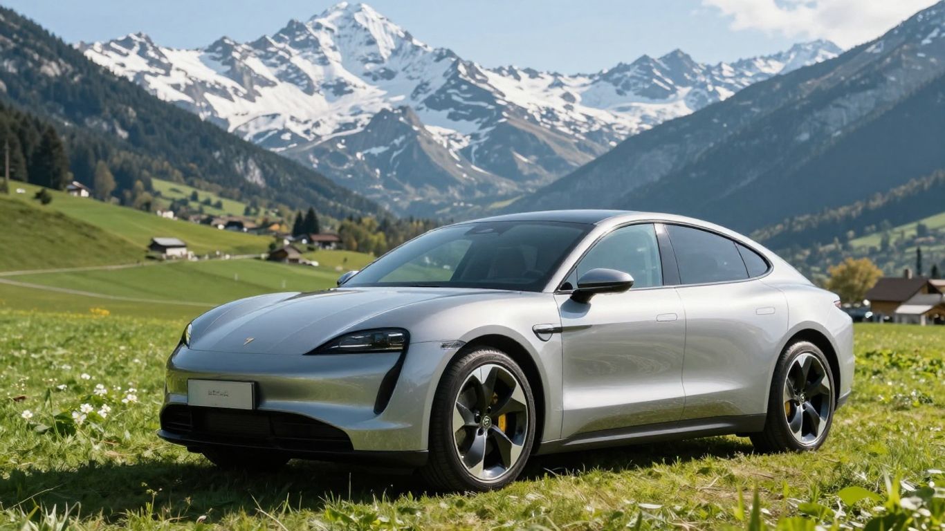 Elektroauto in Schweizer Berglandschaft mit Sonne