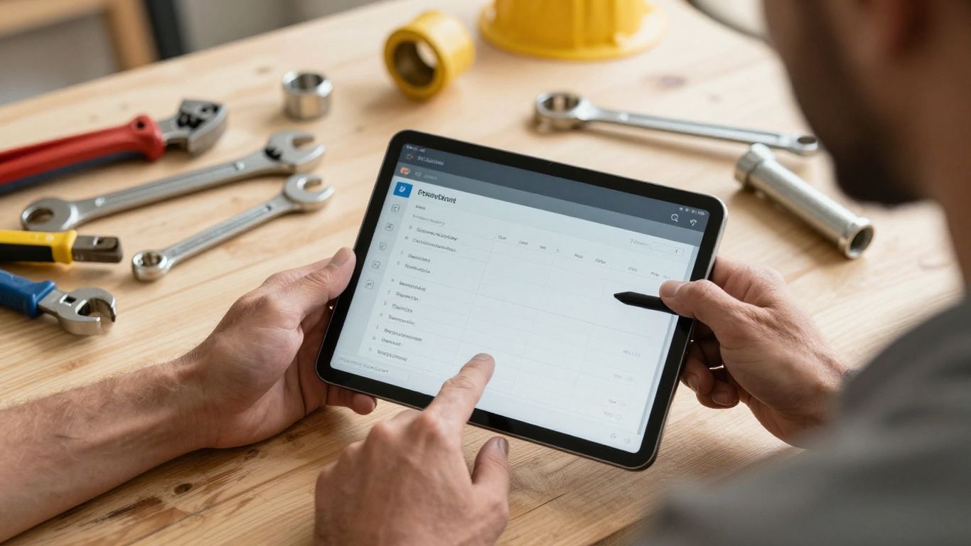 Contractor using plumbing estimate software on a tablet.