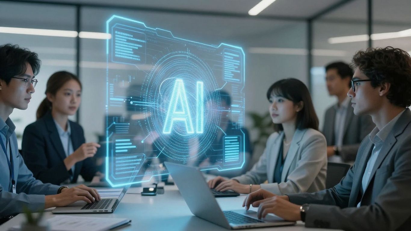 Entreprise innovante avec IA et collaboration futuriste.