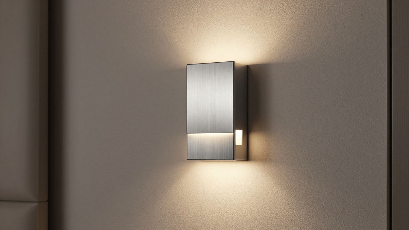 Brushed steel wall light fixture in a modern room.
