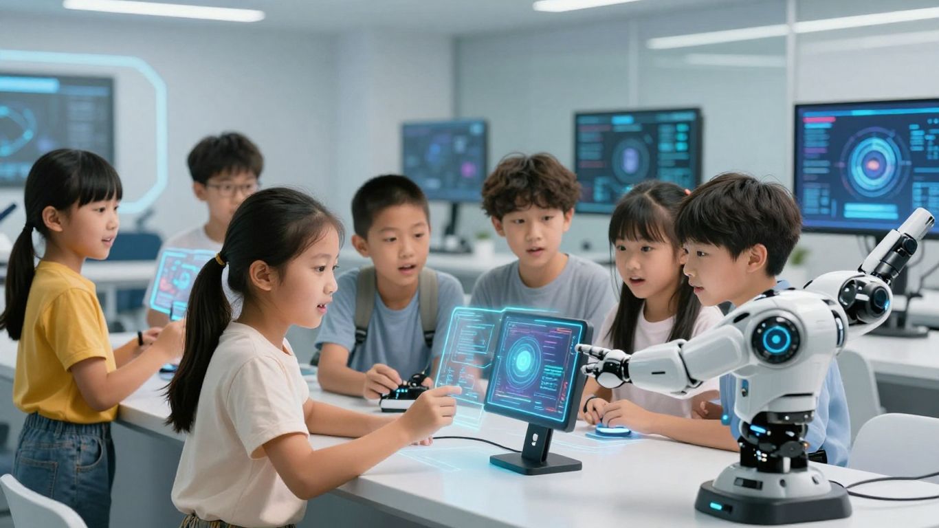 Students interacting with futuristic technology in a classroom.