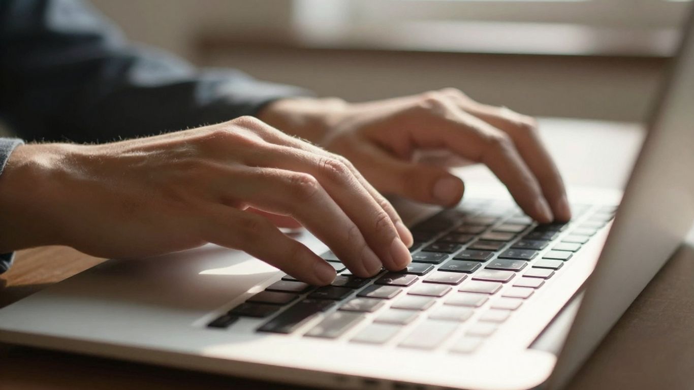 Hands typing on a laptop keyboard with sunlight.