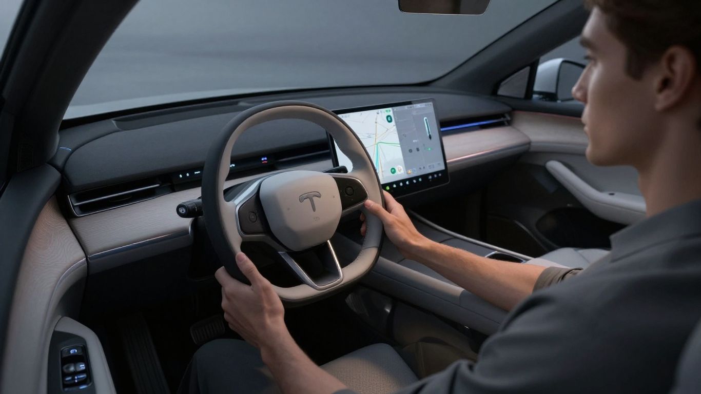 Interior vehicul autonom cu bord digital și lumini ambientale.