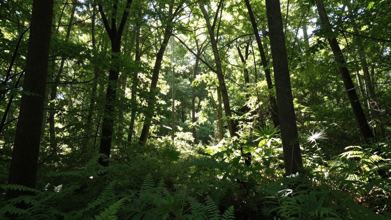 Thinned forest canopy with cleared brush below for fire safety.