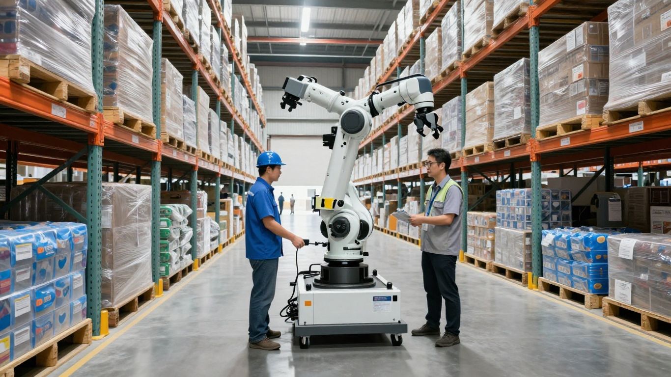 Workers and robots collaborating in a busy distribution center.