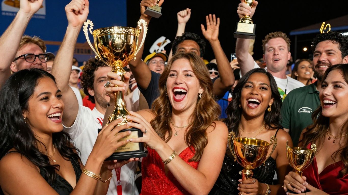 Australian business awards celebration with trophies and diverse people.
