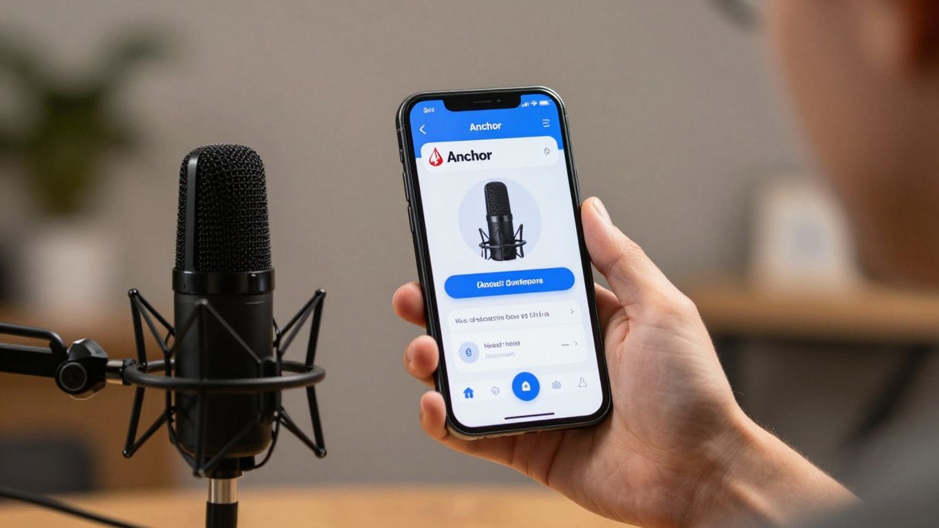 Person using Anchor app with microphone for podcasting