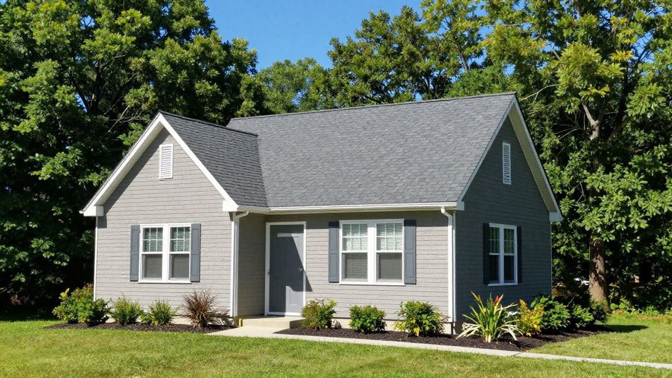 House with new dark gray asphalt shingle roof under blue sky.