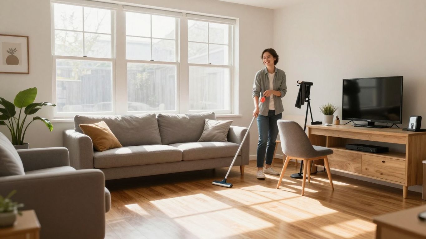 Sparkling clean living room after deep cleaning service.
