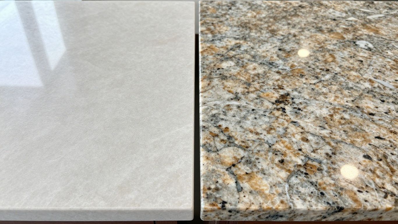 Quartz and granite countertops side-by-side comparison.