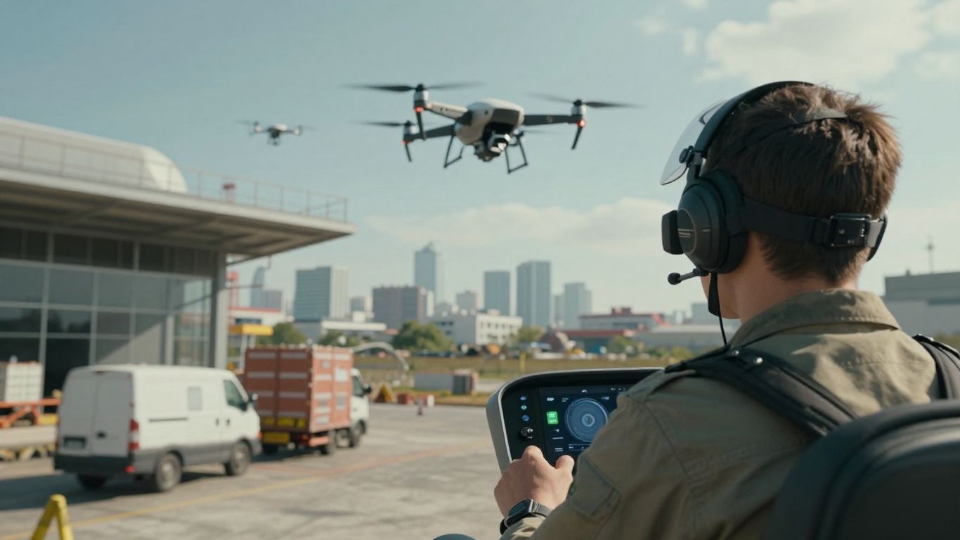 Drone pilot in cockpit with futuristic city and drones.