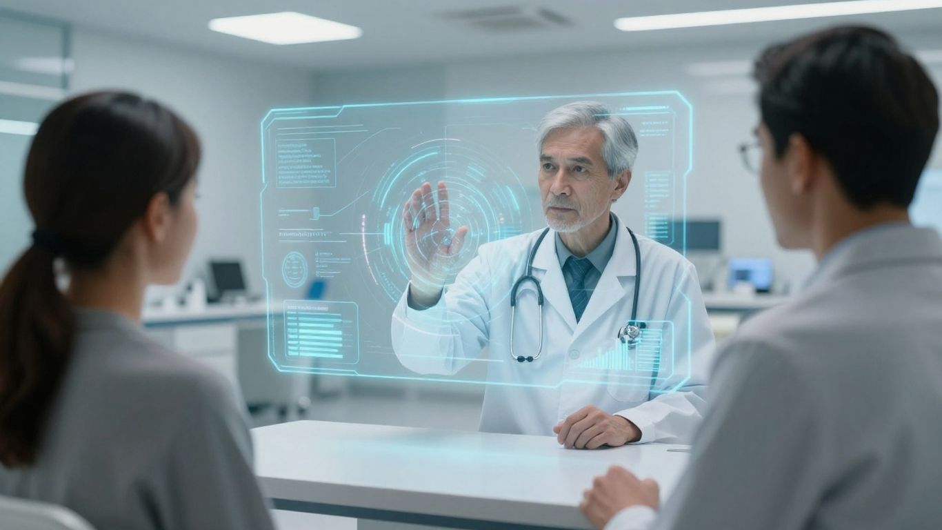 Doctor and patient view AI data on futuristic screen.