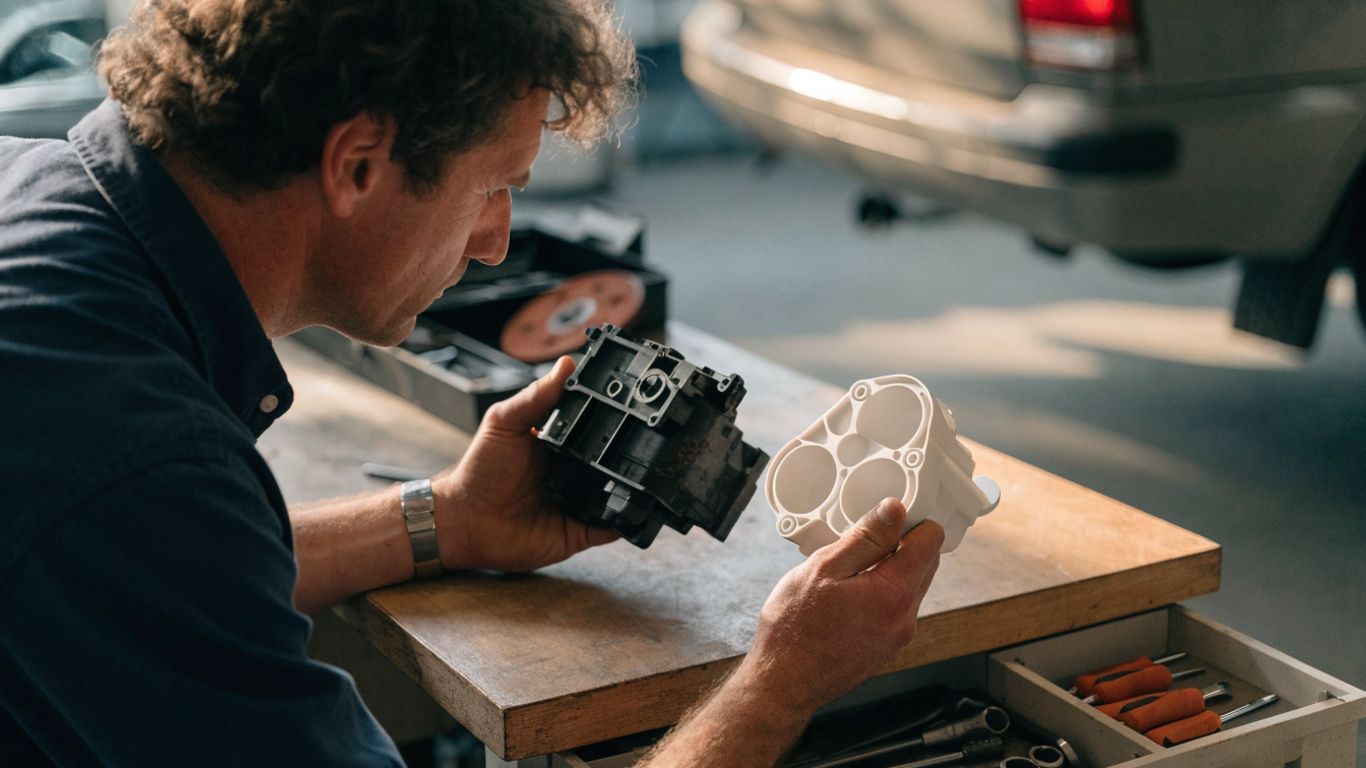 Mechanic comparing replacement parts beside a vehicle