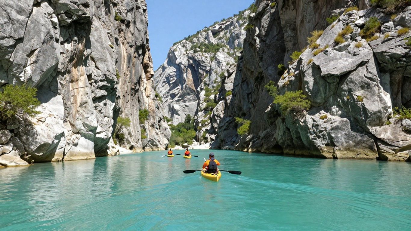 Kayakers beneath towering limestone canyon walls