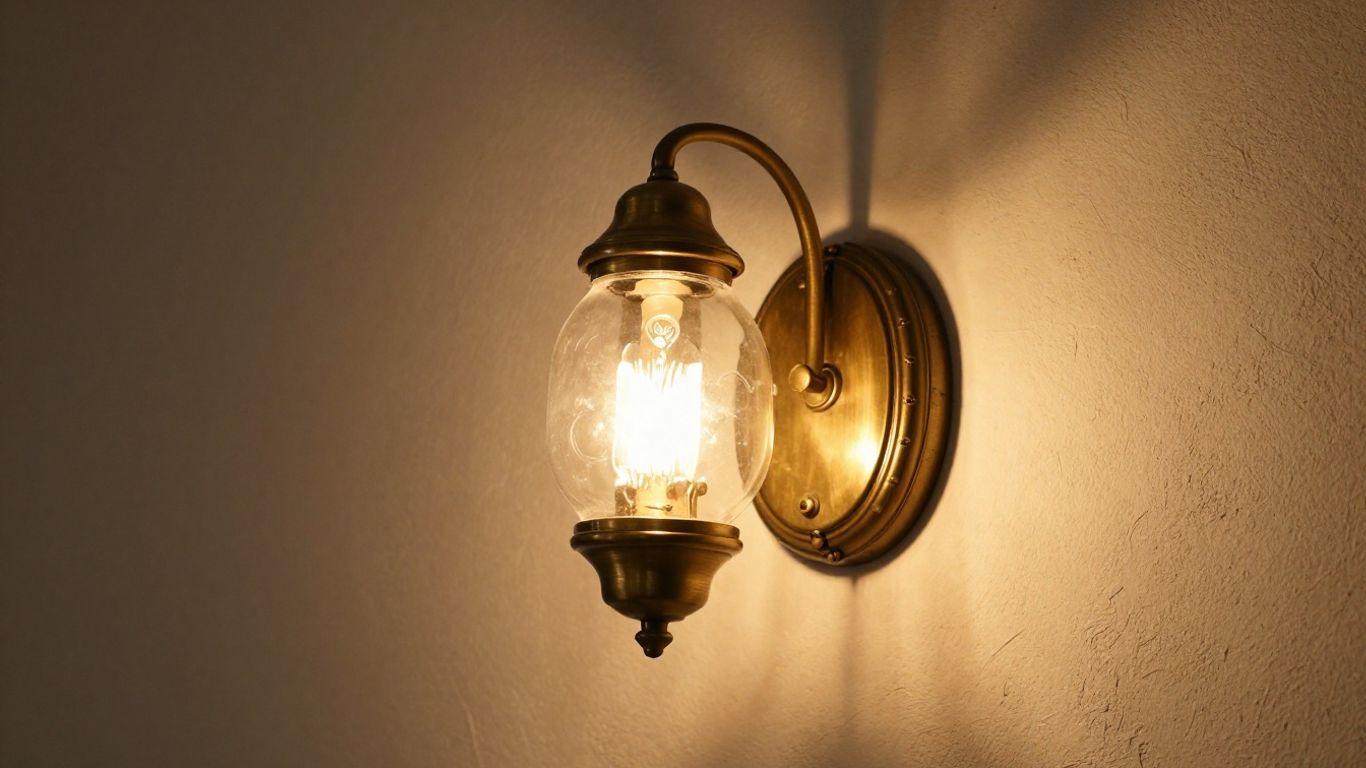 Warm glow from a vintage wall light fixture.