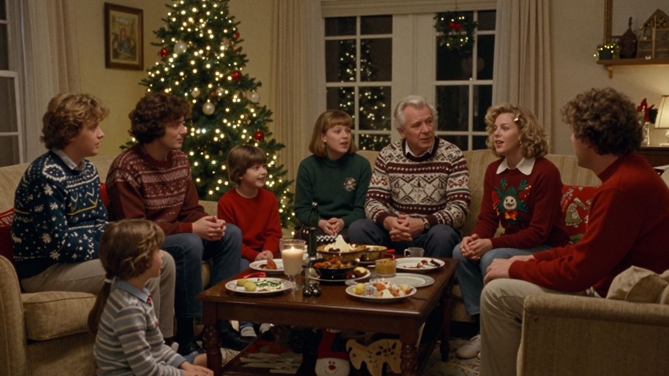 A crowded family Christmas in a warm living room