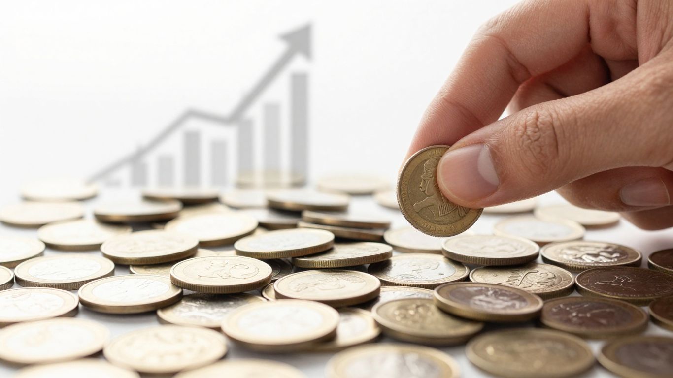 Hand poised over gleaming coins, market momentum