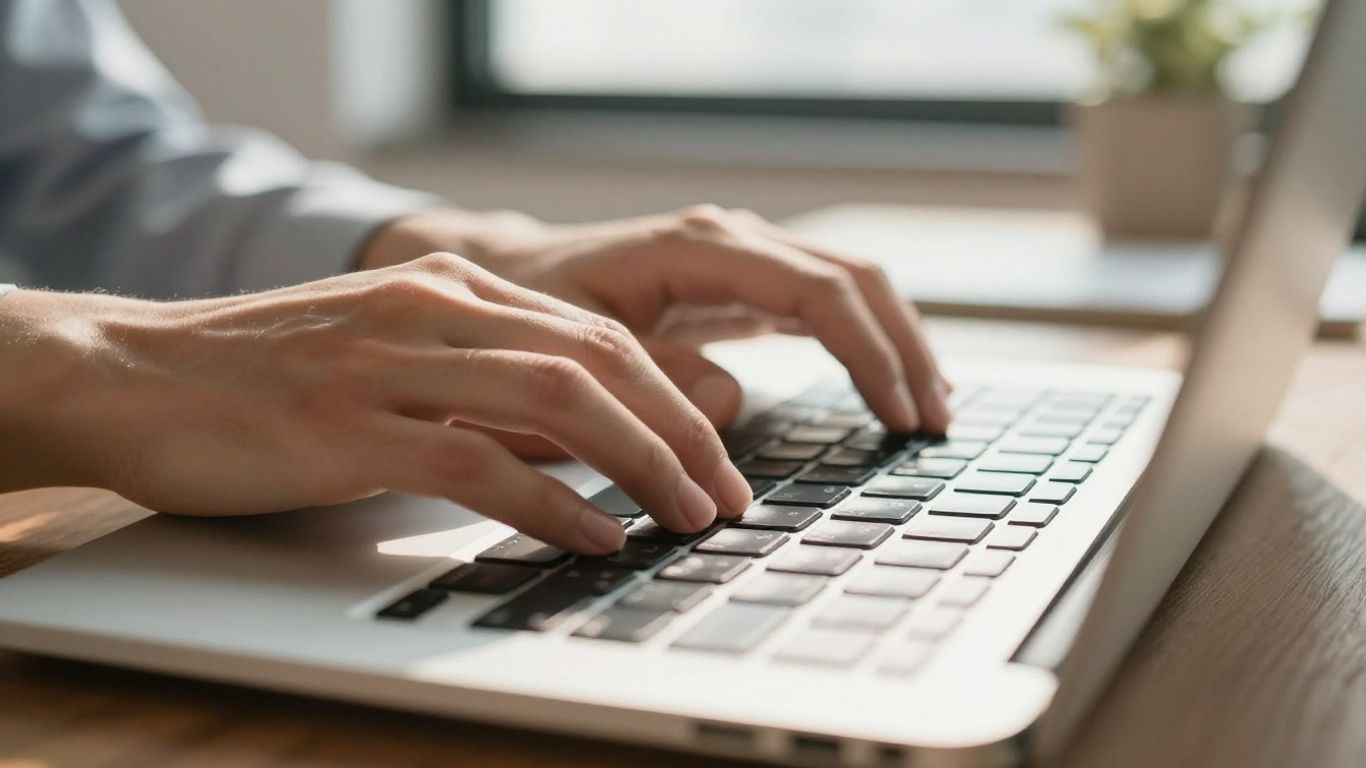 Mains tapant sur un clavier d'ordinateur portable.