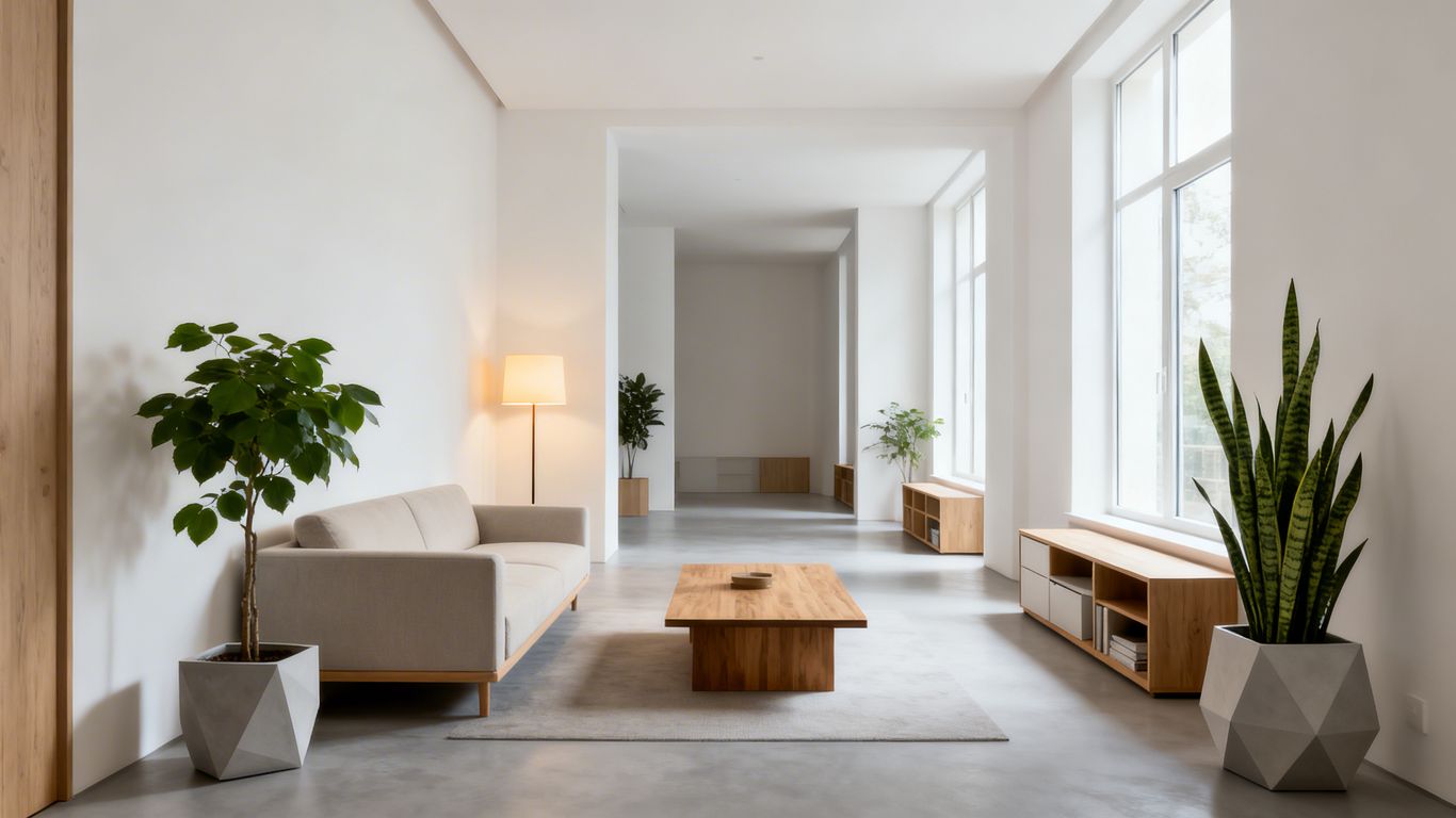 Minimalist apartment interior with Feng Shui elements.