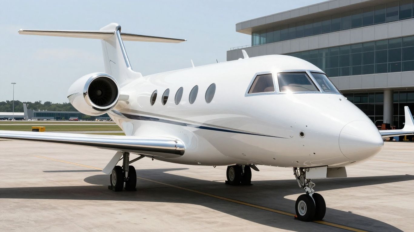 Private jet on tarmac with airport terminal