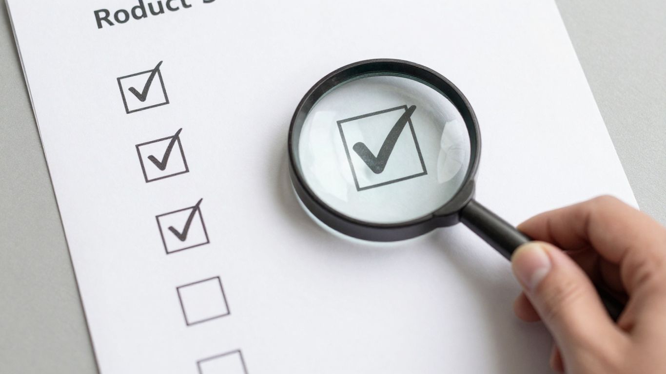 Product launch checklist with magnifying glass over product.