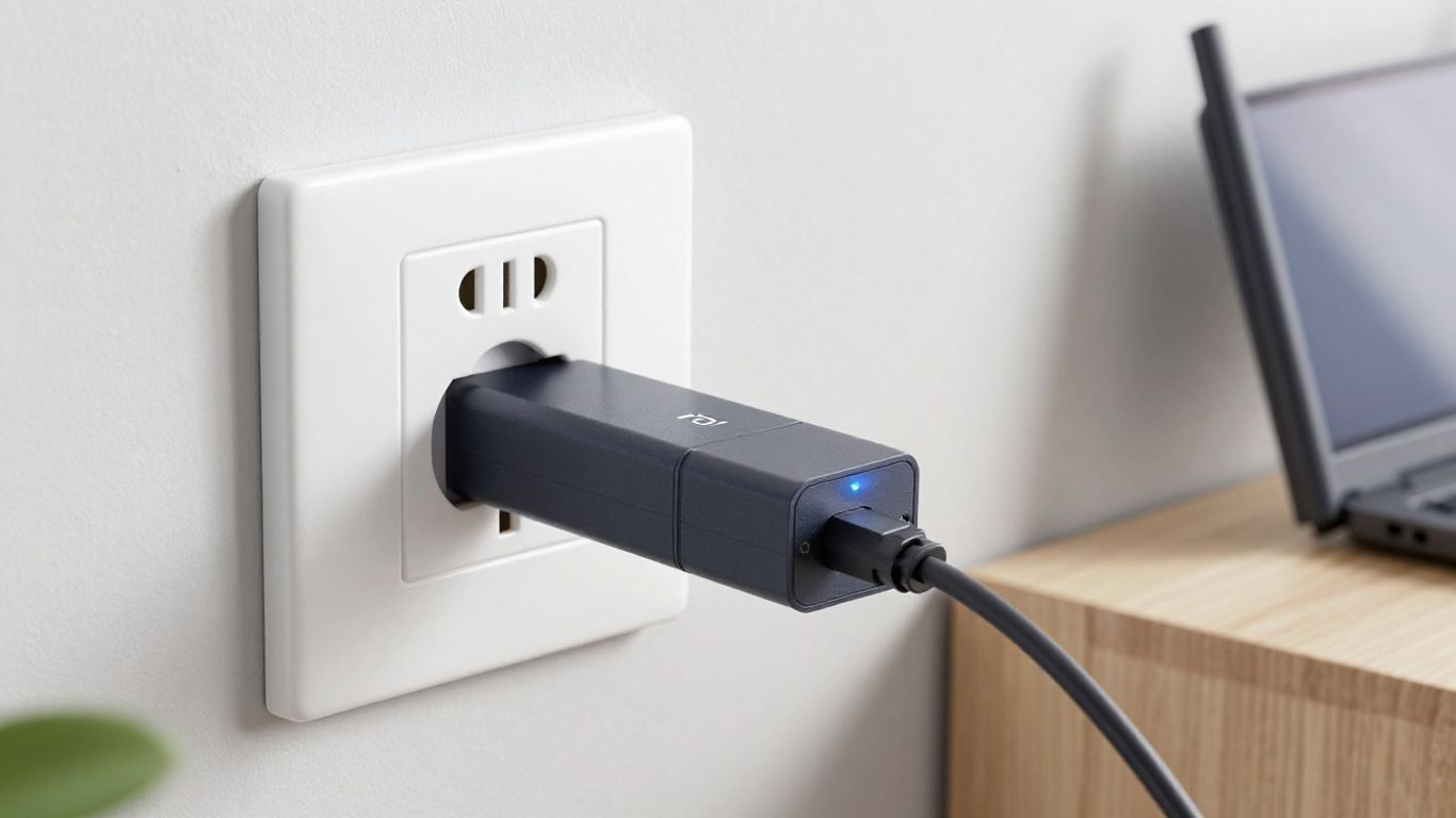 Adaptadores PLC conectados a enchufes en una pared.