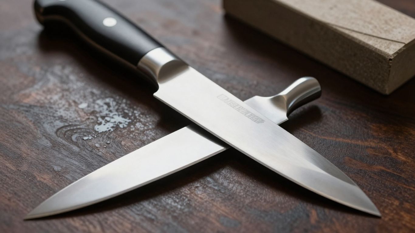 Gleaming high-end chef's knife on a dark wooden surface.