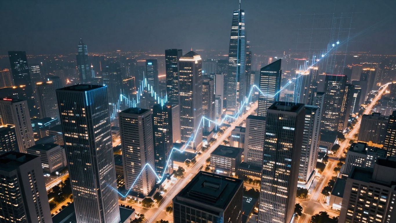 Ciudad futurista con flujos de datos digitales.