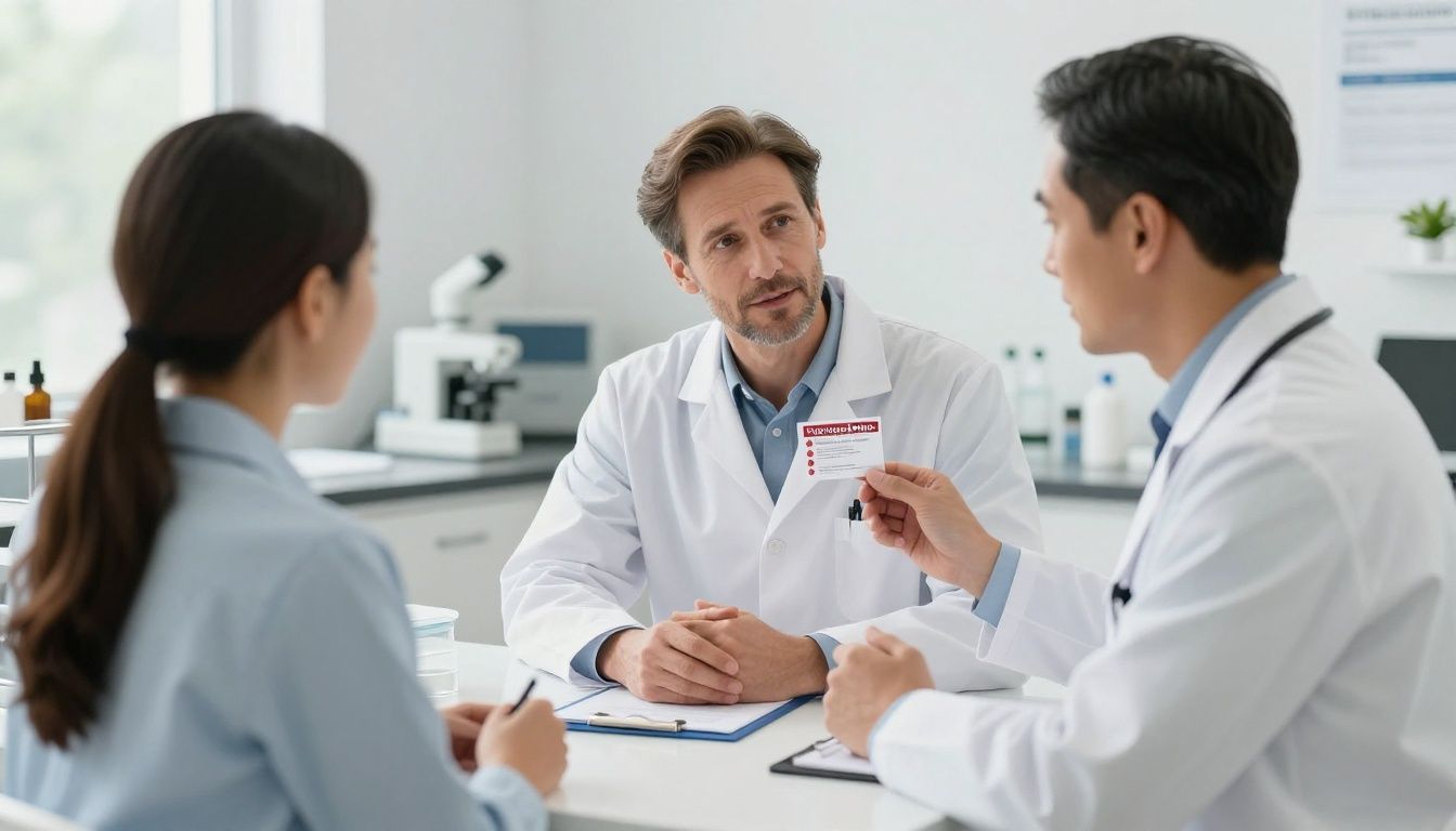 A realistic premium men’s health consultation in an upscale clinic, with a confident white man in his 40s discussing fertility and hormone lab results with a male provider, subtle laboratory and wellness details, natural lighting, no logos or text.